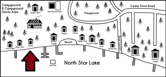Black and white drawn map of the cabins at Cedar Point Resort with Aspen marked