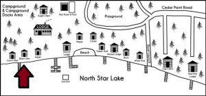 Black and white drawn map of the cabins at Cedar Point Resort with bears den marked