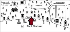 Black and white drawn map of the cabins at Cedar Point Resort with cedar cabin marked