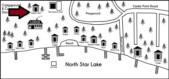 Black and white drawn map of the cabins at Cedar Point Resort with Eagle's Nest Marked