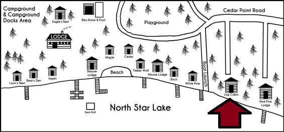 Black and white drawn map of the cabins at Cedar Point Resort with Log Cabin Marked