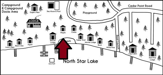 Black and white drawn map of the cabins at Cedar Point Resort with maple cabin marked