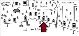 Black and white drawn map of the cabins at Cedar Point Resort with Moose Lodge Marked
