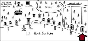 Black and white drawn map of the cabins at Cedar Point Resort