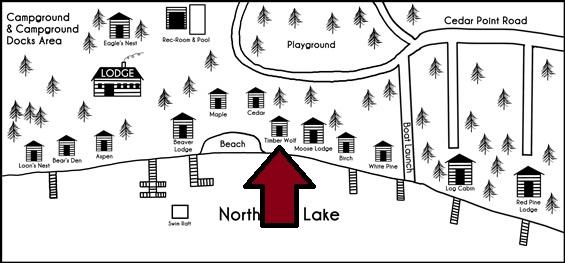 Black and white drawn map of the cabins at Cedar Point Resort with timber wolf lodge marked