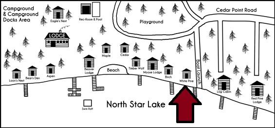 Black and white drawn map of the cabins at Cedar Point Resort with White pine marked